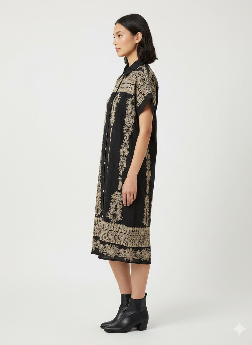 Embroidered Short Sleeve Shirt Dress Black / Gold thumbnail