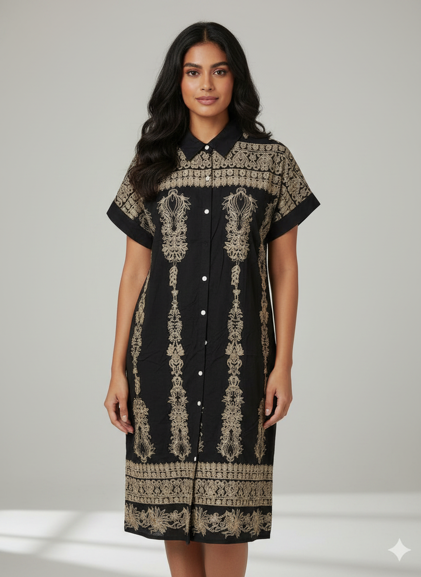 Embroidered Short Sleeve Shirt Dress Black / Gold thumbnail