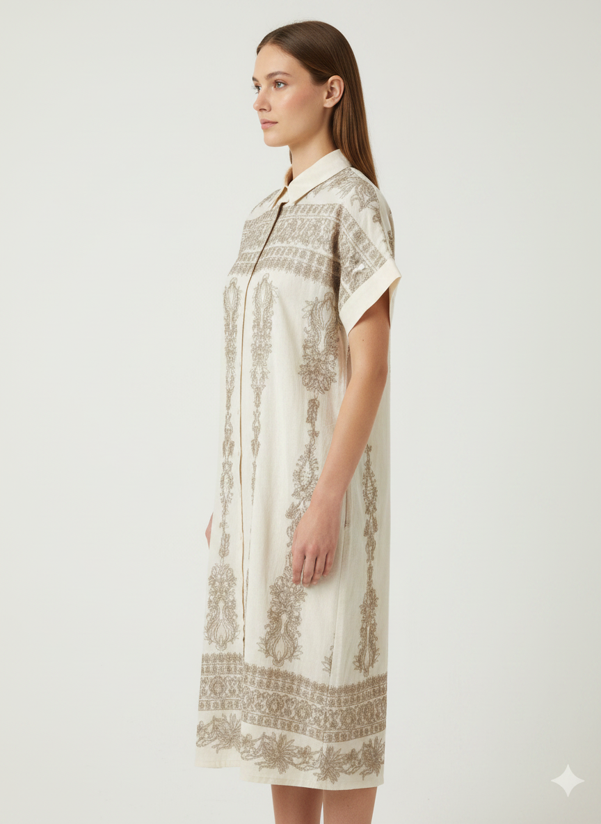 Embroidered Short Sleeve Shirt Dress Cream thumbnail