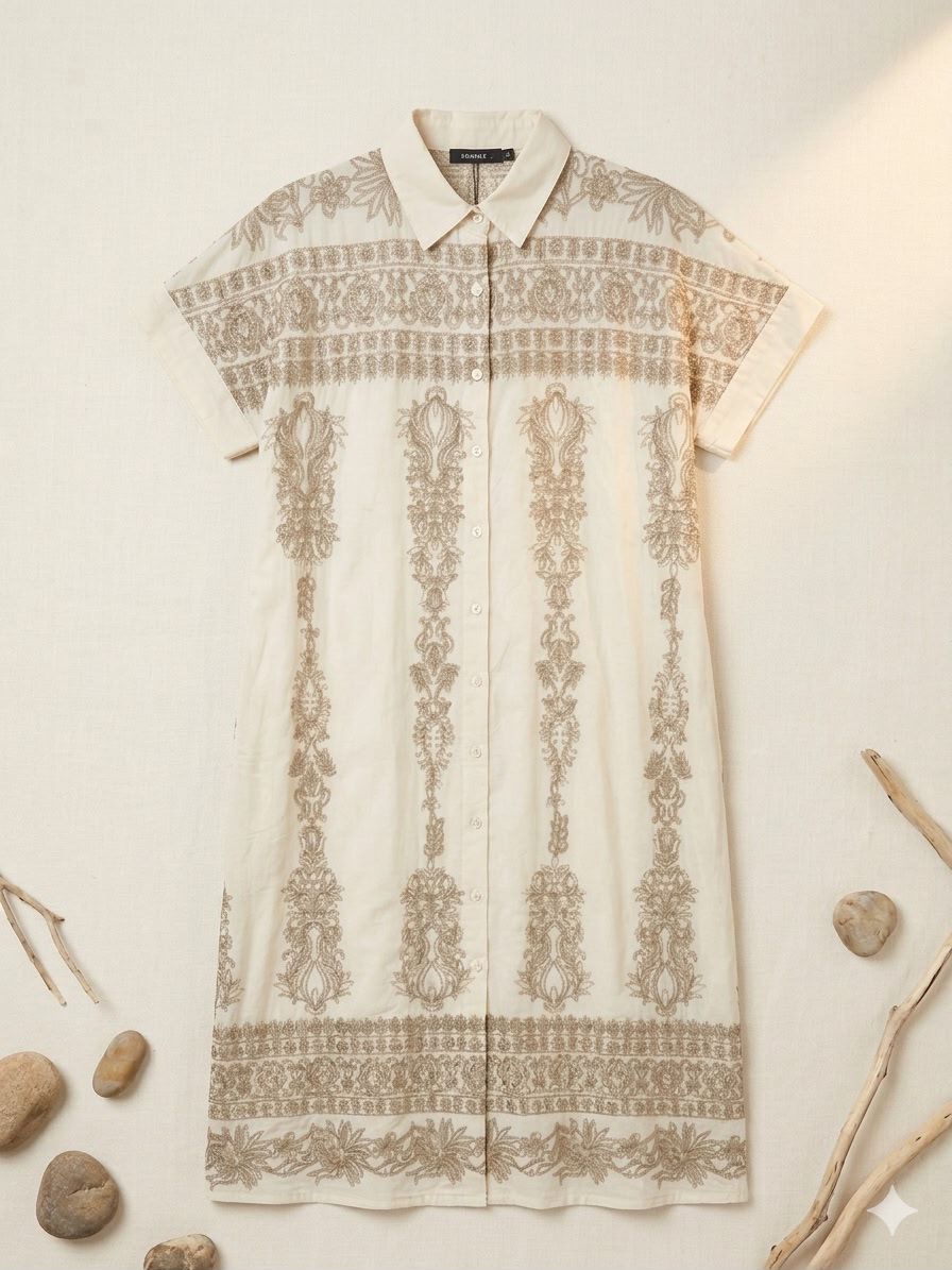 Embroidered Short Sleeve Shirt Dress Cream thumbnail