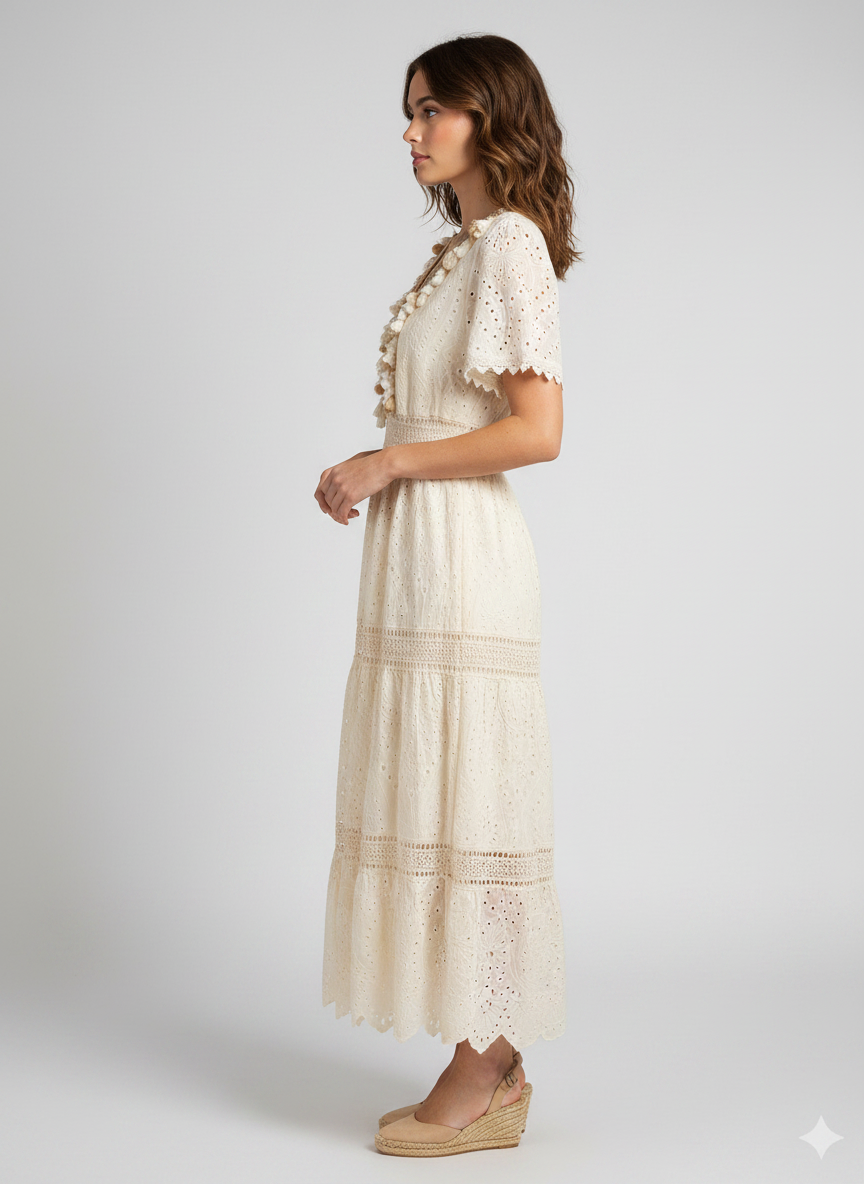 Eyelet Lace Tasseled Maxi Dress Cream / Off-White thumbnail