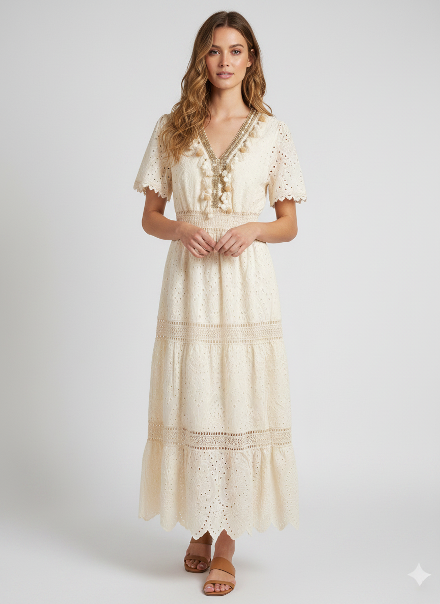 Eyelet Lace Tasseled Maxi Dress Cream / Off-White thumbnail