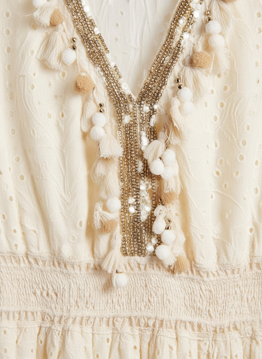 Eyelet Lace Tasseled Maxi Dress Cream / Off-White thumbnail