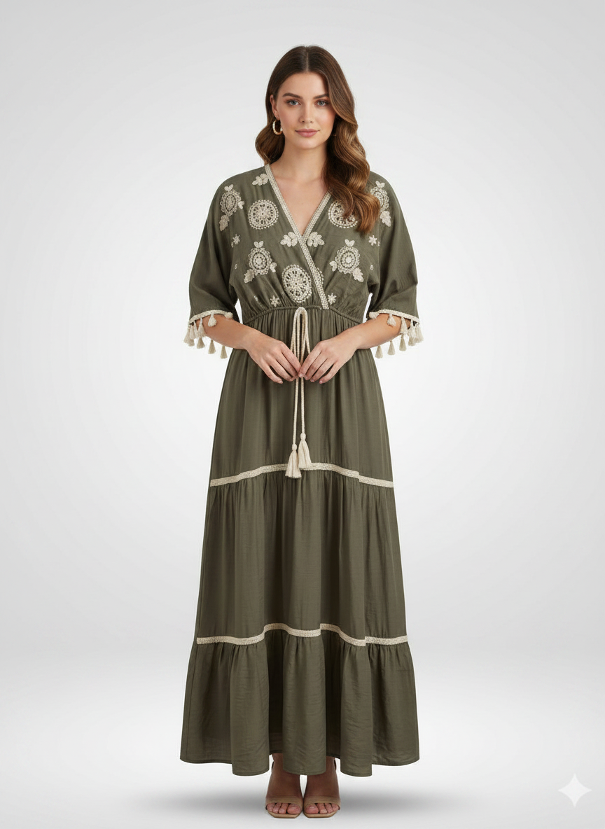 Embroidered Tasseled Kaftan Maxi Dress Olive Green / Khaki thumbnail