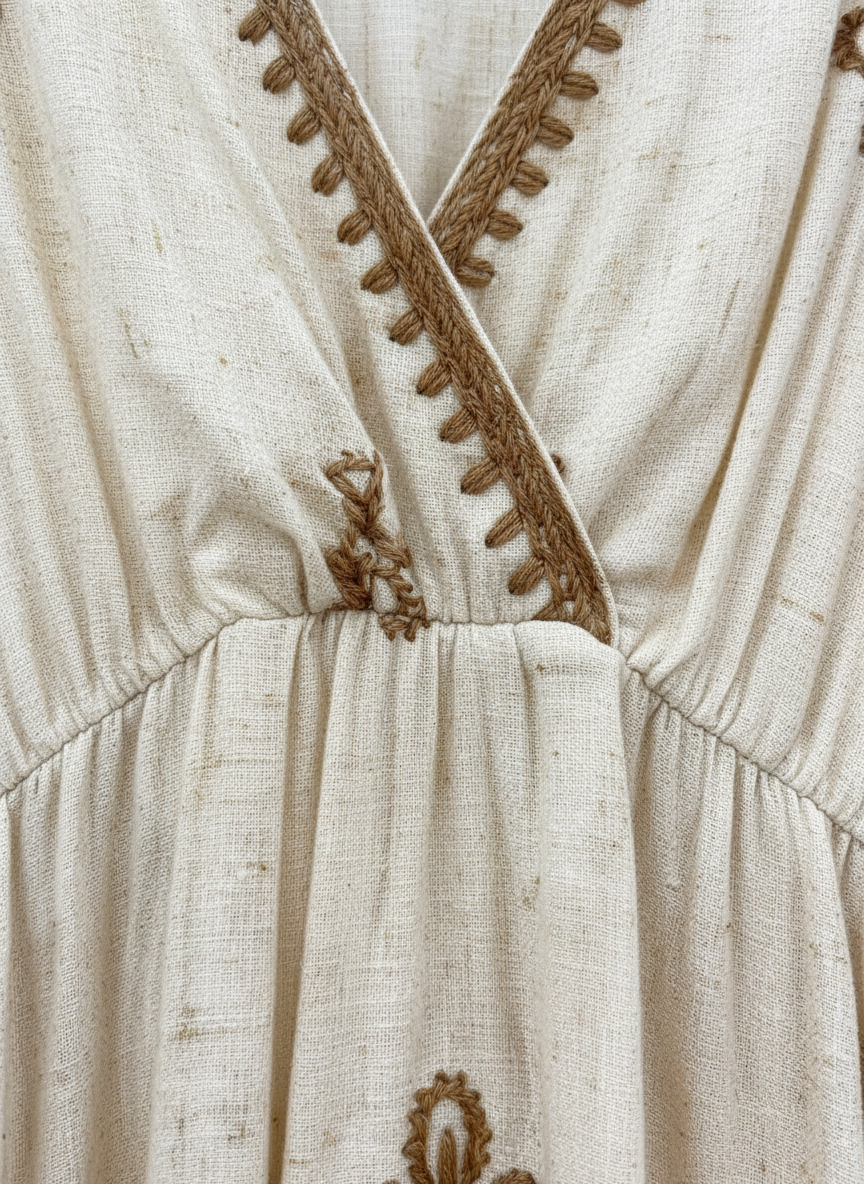 Embroidered V-Neck Kaftan Dress Off-White / Beige thumbnail