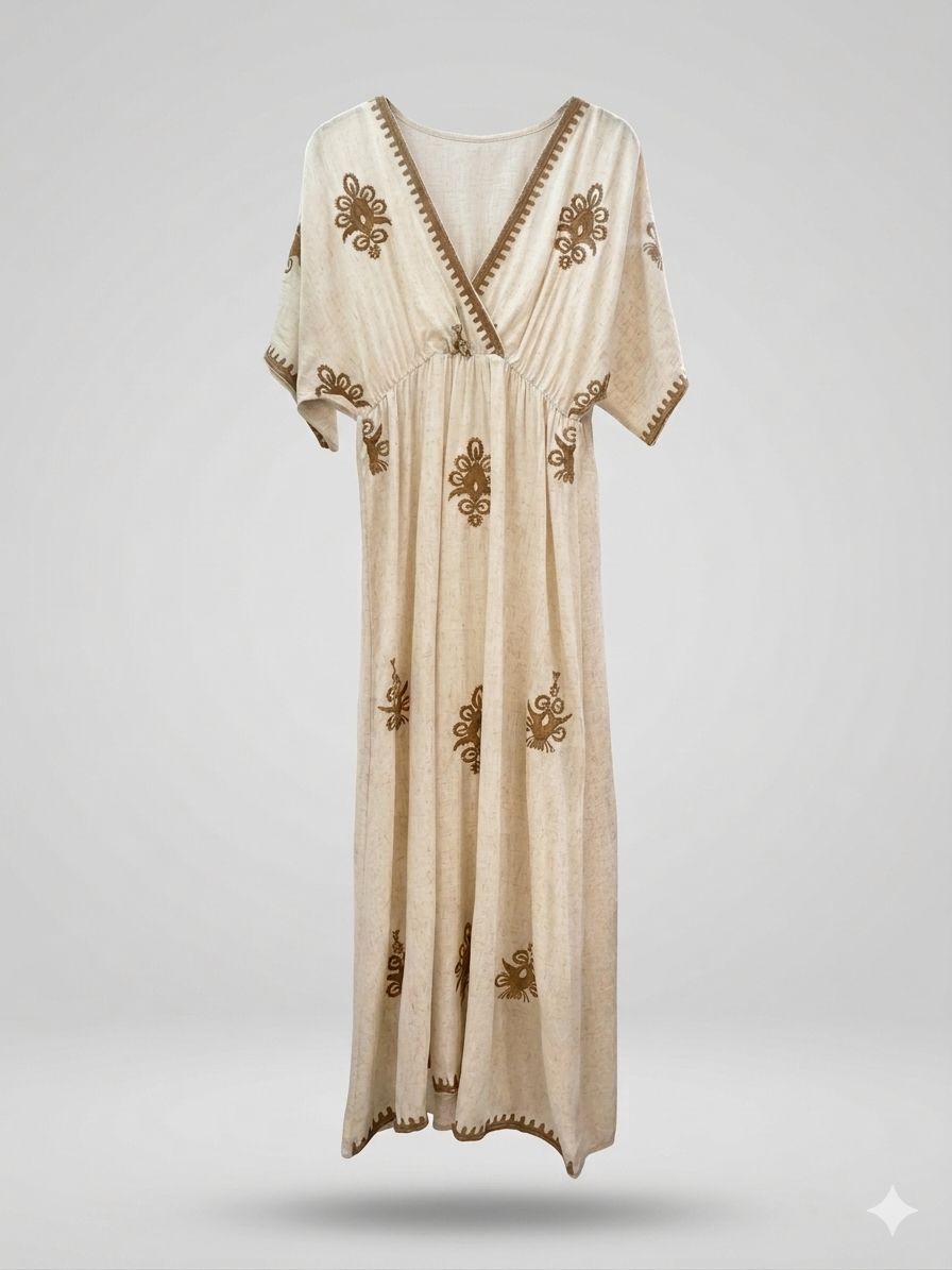 Embroidered V-Neck Kaftan Dress Off-White / Beige thumbnail