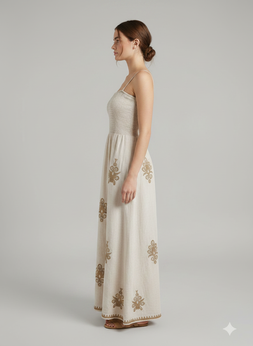 Embroidered Smocked Maxi Dress Off-White / Beige thumbnail