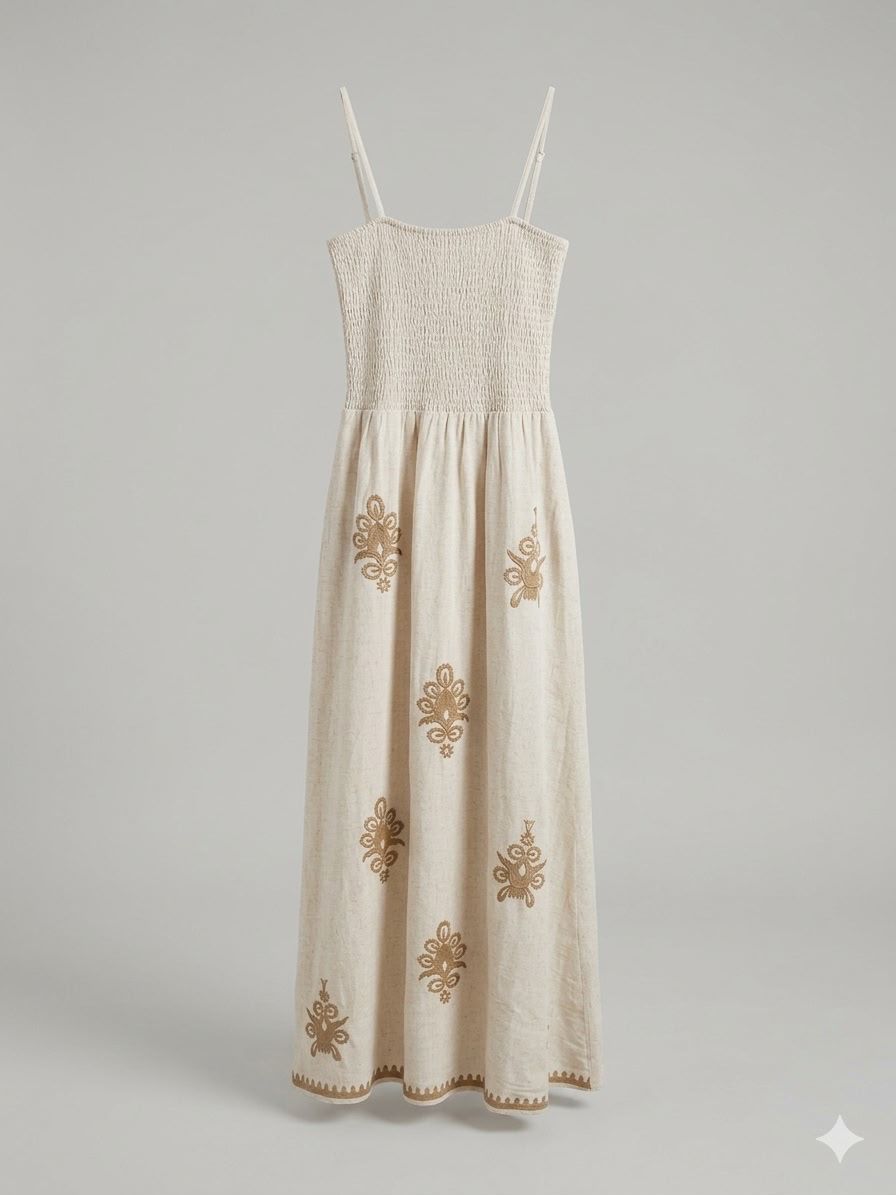 Embroidered Smocked Maxi Dress Off-White / Beige thumbnail