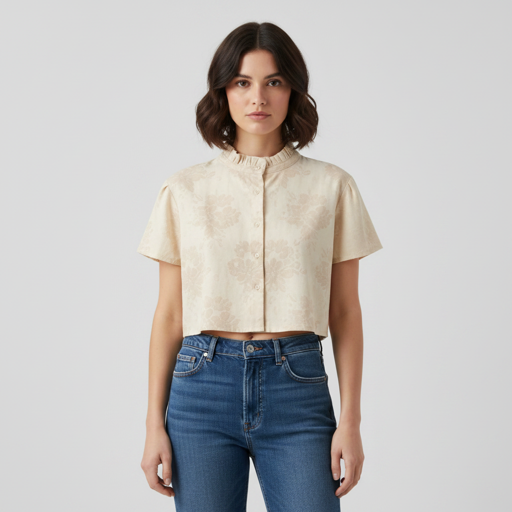 Floral Short Sleeve Crop Shirt Light Beige / Cream thumbnail