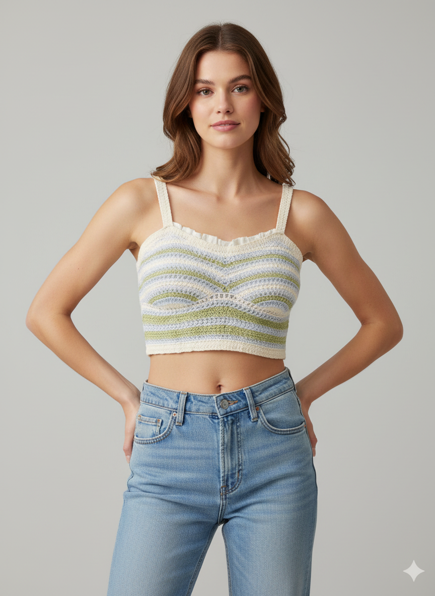 Striped Crochet Knit Crop Top Pastel Green / Blue / Cream thumbnail
