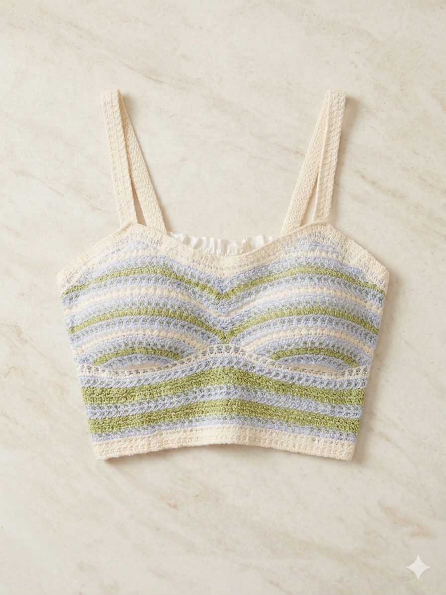 Striped Crochet Knit Crop Top Pastel Green / Blue / Cream thumbnail