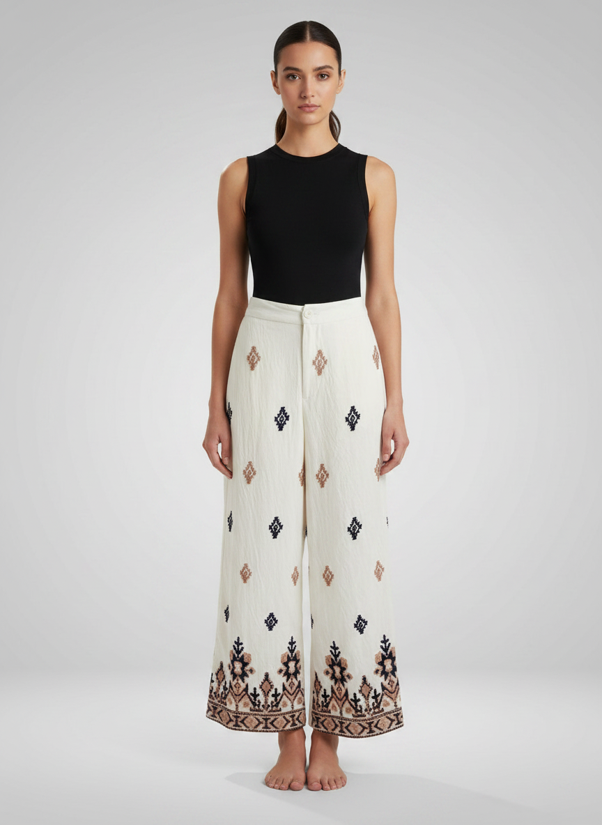 Geometric Embroidered Wide-Leg Trousers Off-White / Black / Beige thumbnail