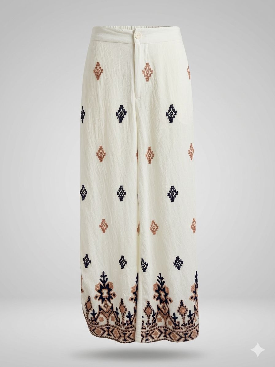 Geometric Embroidered Wide-Leg Trousers Off-White / Black / Beige thumbnail