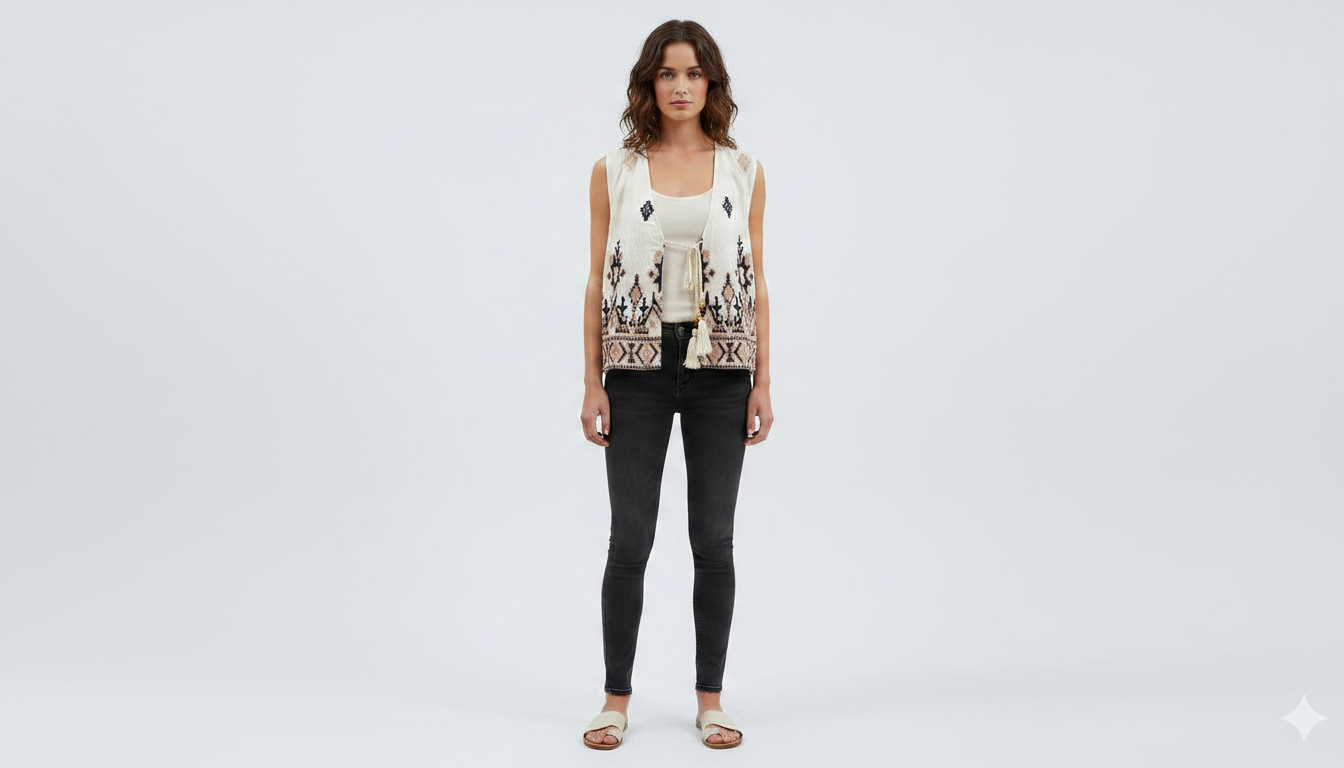 Geometric Embroidered Tasseled Vest Off-White / Black / Beige thumbnail